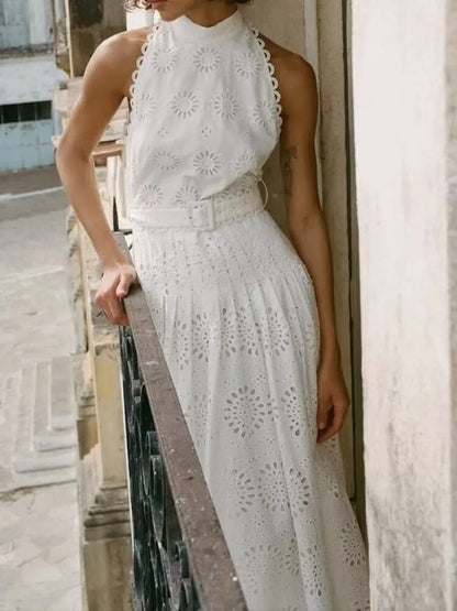 xakxx- New Women's Temperament Casual Fashion Ruili Hollow Out Embroidery Midi Dress
