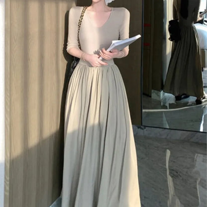 xakxx  Vintage Long Sleeve Midi Dress Fashion New Patchwork A-line Casual Female Clothes Vintage V-neck Slim Waist One Pieces Robe