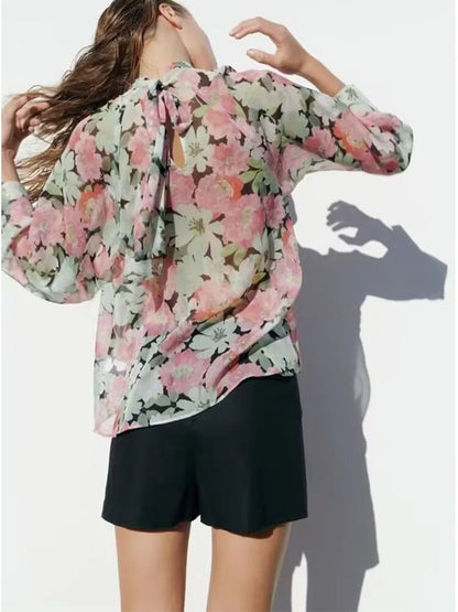 xakxx - New Women's Style Fashion Versatile Casual Mock Neck Shirt Long Sleeve Closure Bow Print Shirt