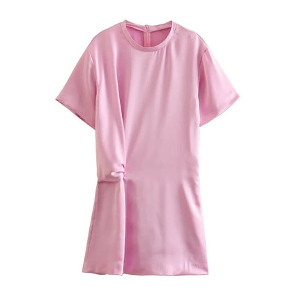 xakxx- NEW WOMEN'S  PLEATED FRONT DECORATIVE BACK SPLIT HITCH DARK ZIP CLOSED SILK SATIN SHORT DRESS
