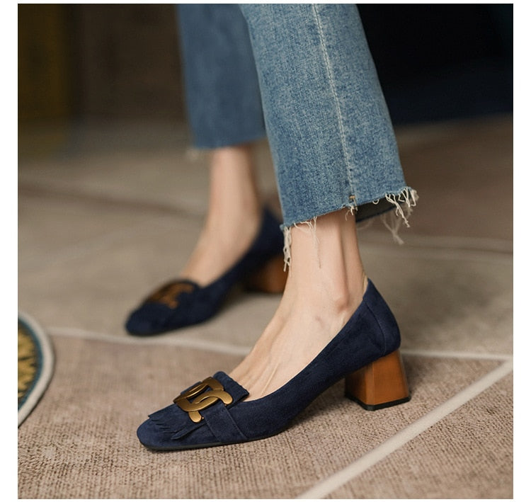 xakxx Fall Outfit French Retro Metal Ladies Shoes Spring Buckle Square Head Women's Single Shoes Classic Thick Heels Soft Leather Female Pumps