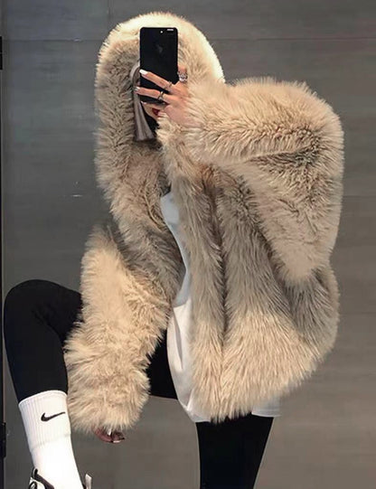 xakxx High Quality Luxury Faux Fur Coats Women Loose Hooded Fox Fur Jacket Fashion Warm Thick Coat Girl Winter Fluffy Furry Fur Jacket