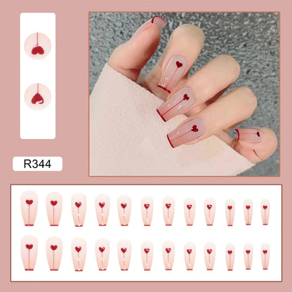 xakxx xakxx 24Pcs Charming Pink Flame Long Ballerina Wearable Fake Nails Press on Smaill Heart Full Cover Detachable Finished Fingernails