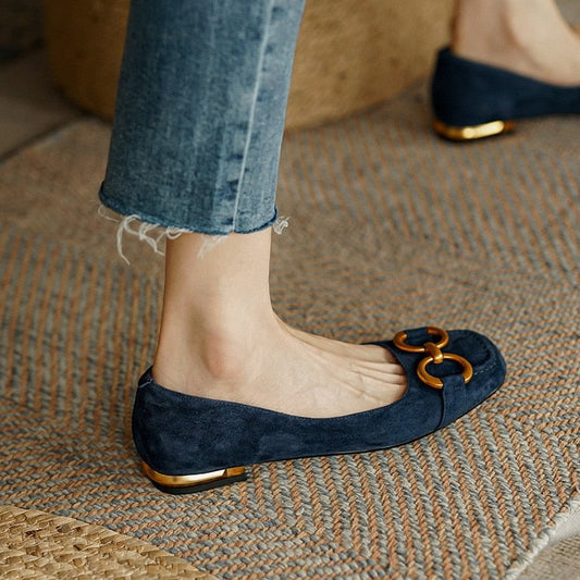 xakxx Ladies Flat Shoes Retro Square Toe Leather Loafers For Women  Spring Casual Flats Elegant Metal Buckle Female Shoes