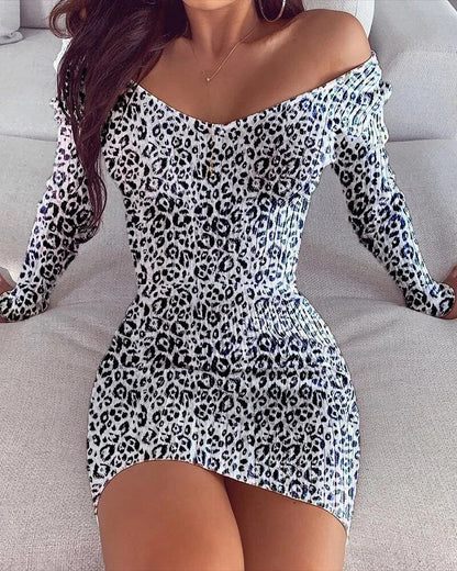 xakxx- 4 Colors Leopard Printing Mini Dress Sexy Lady V-Neck Long Sleeve Dresses Women Club Party Leopard Dress Large Size 5Xl