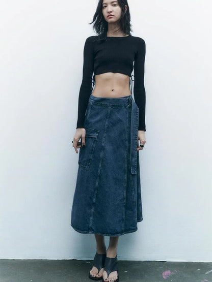 xakxx xakxx -  spring new women's wrap-around type design high waist open casual hundred with belt work secti on denim skirt
