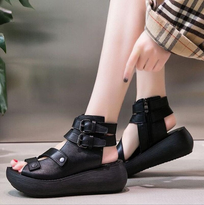 xakxx  New Women's Sandals Summer Leisure Comfort Wedge Shoes Vintage Classic Outdoor Durable Leather Thick Sole Flat Shoes