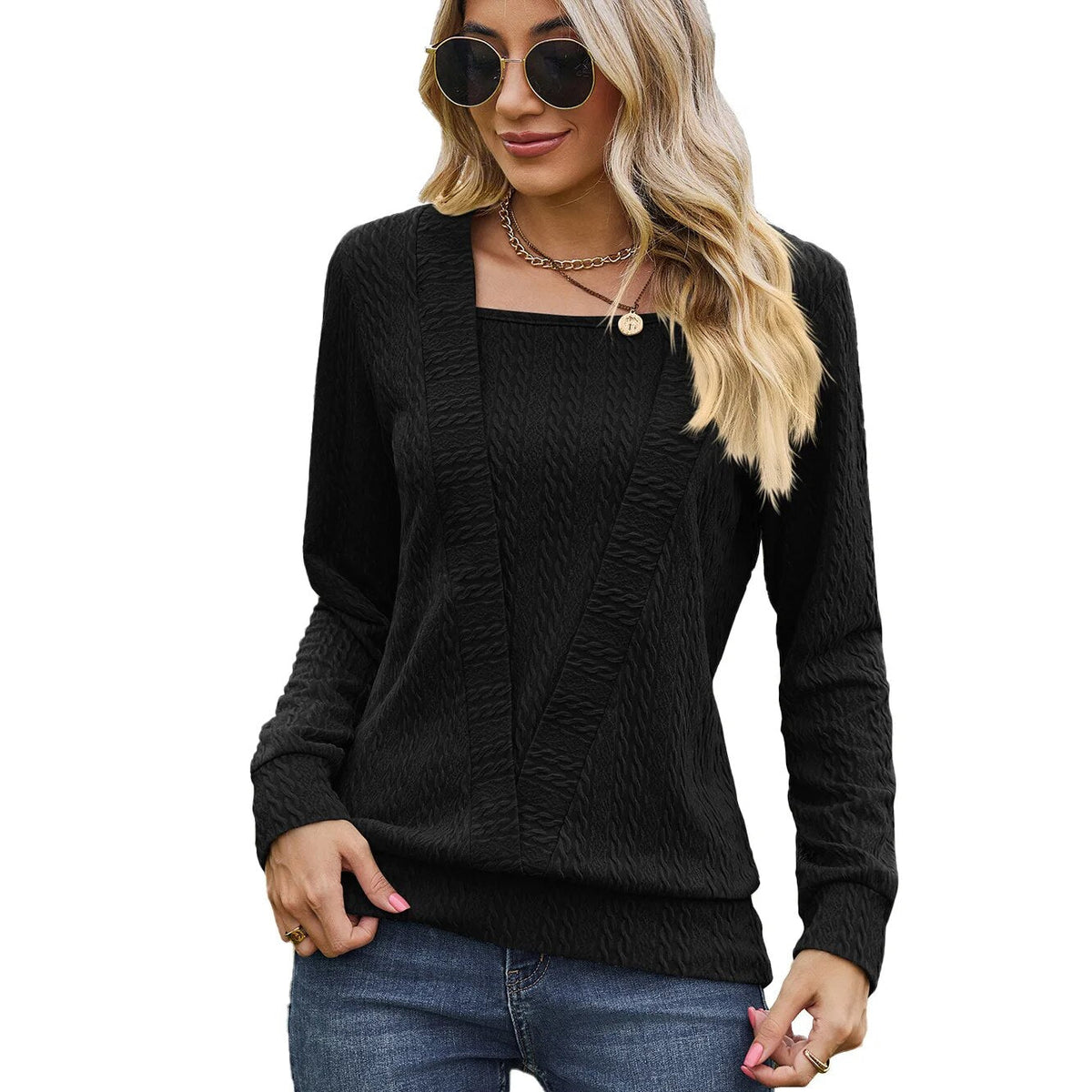 xakxx- Square Neck Long Sleeved Pullover Women Casual Solid Color Loose T Shirt Lady Simple Autumn Winter Tops