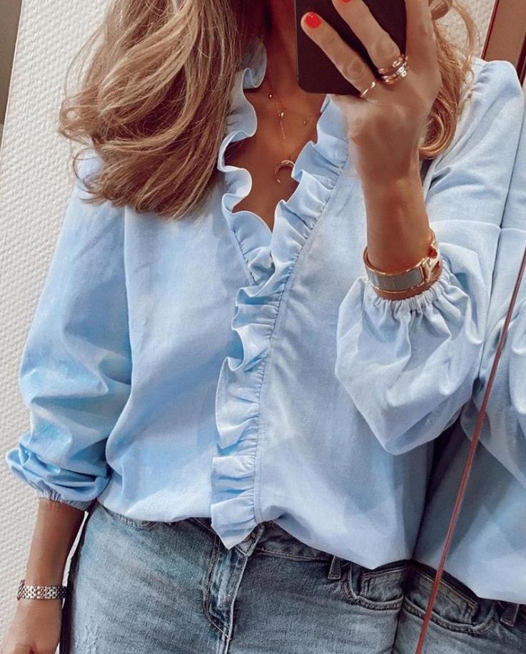 xakxx xakxx Women Blouses Shirt Elegant Long Sleeve Ruffles V Neck Blouse Tops Casual Pullover Loose Solid Ladies Tunic Blouses Shirt
