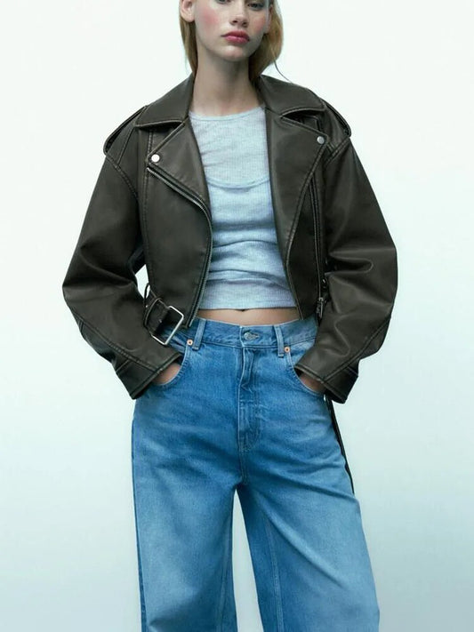 xakxx- Spring new women's  front pocket with straps on shoulder lapel long-sleeved imitation leather jacket