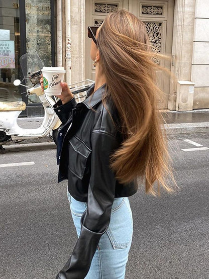 xakxx Autumn outfits Black PU Leather Short Jackets Women Long Sleeve Lapel Button Jacket Coat With Pockets Spring Autumn Outerwear Female