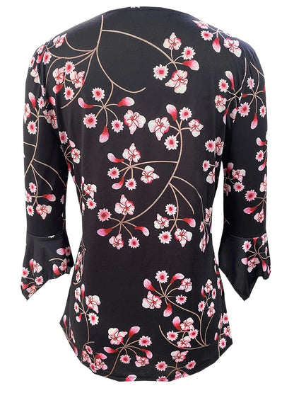 xakxx xakxx-  New Printed Shirt Women V Neck Button Fold Mid Sleeve Lady High Quality Elegant Top Autumn Blouse