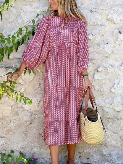 xakxx- Half Bubble Sleeves V-Neck Long Dress Women's Casual Loose Maxi Dress Green Geometric Printed Robe Bohemian Party Dresses