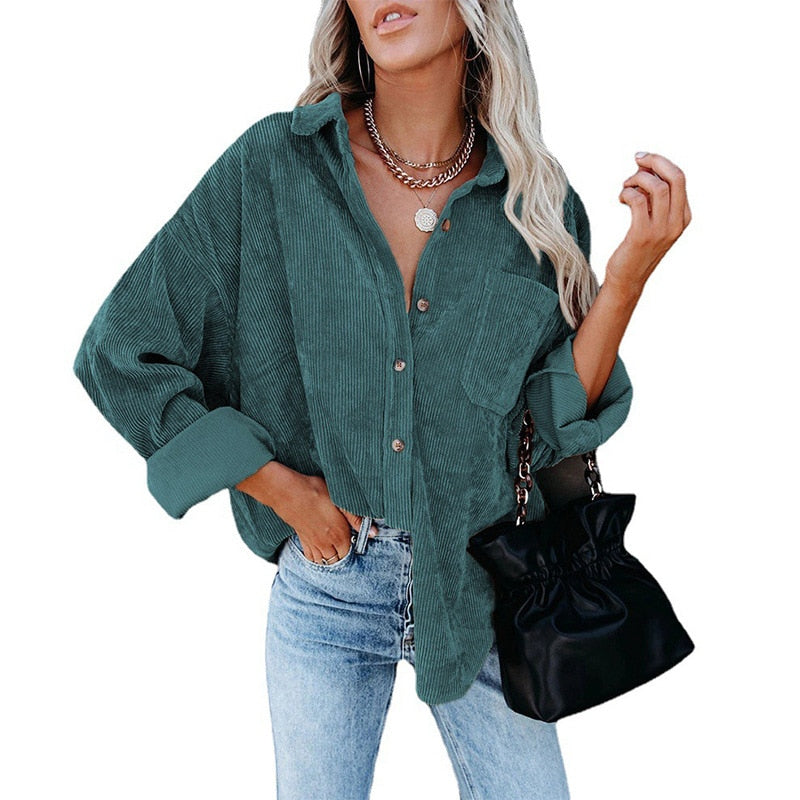 xakxx  Autumn Fashion Vintage Corduroy Blouse Jacket Strip Shirt Women Cotton Casual Tops Button Pocket Loose Blouse Outwear