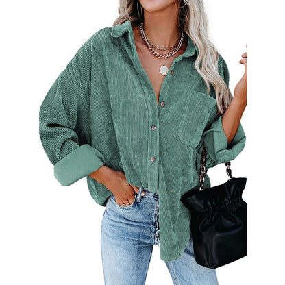 xakxx  Autumn Fashion Vintage Corduroy Blouse Jacket Strip Shirt Women Cotton Casual Tops Button Pocket Loose Blouse Outwear