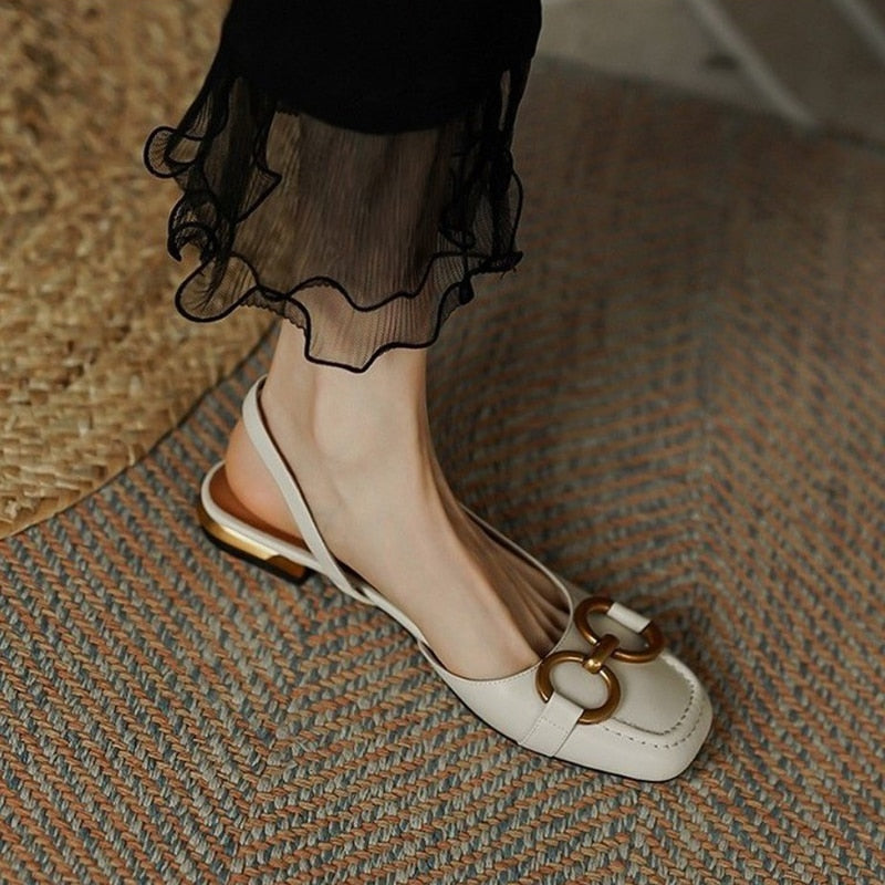 xakxx Autumn Women's Flats Solid Color Metal Decoration Ladies Sandals Square Toe Fashion Female Shoes Luxury Retro All-Match Pumps