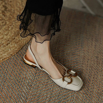 xakxx Autumn Women's Flats Solid Color Metal Decoration Ladies Sandals Square Toe Fashion Female Shoes Luxury Retro All-Match Pumps