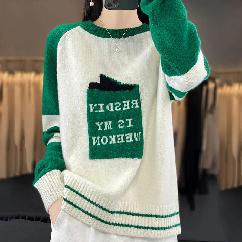 xakxx xakxx-Autumn and winter letter jacquard embroidery cashmere sweater sweater women's pullover loose and fattening.