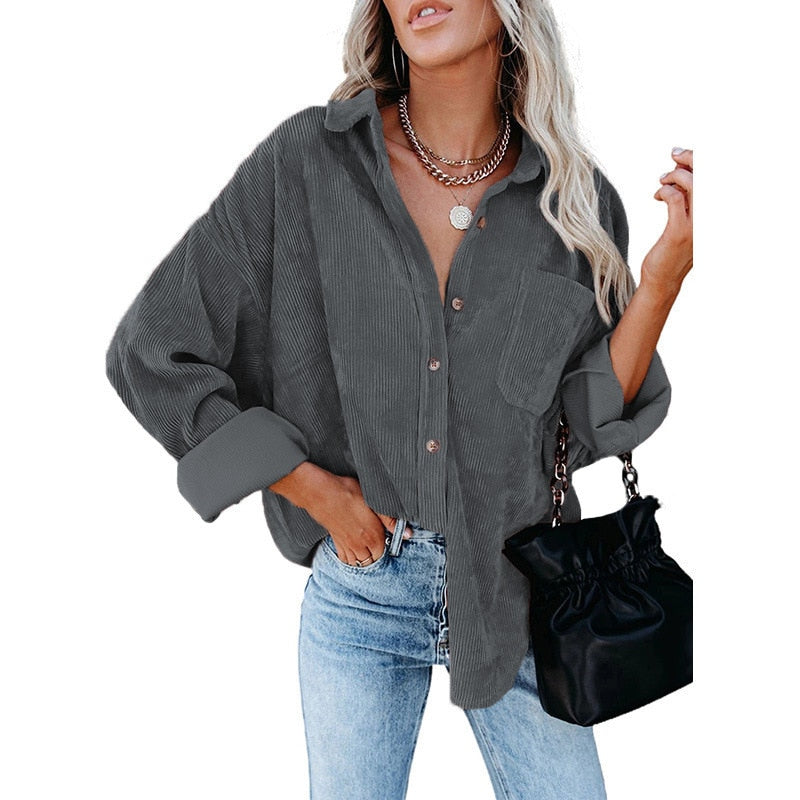xakxx  Autumn Fashion Vintage Corduroy Blouse Jacket Strip Shirt Women Cotton Casual Tops Button Pocket Loose Blouse Outwear