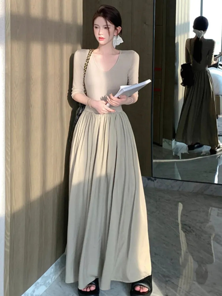 xakxx  Vintage Long Sleeve Midi Dress Fashion New Patchwork A-line Casual Female Clothes Vintage V-neck Slim Waist One Pieces Robe