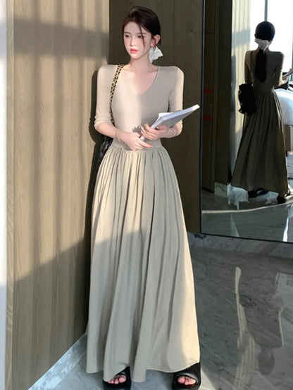 xakxx  Vintage Long Sleeve Midi Dress Fashion New Patchwork A-line Casual Female Clothes Vintage V-neck Slim Waist One Pieces Robe