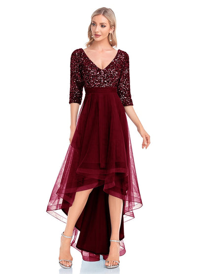 xakxx Elegant V-Neck Short Sleeve Sequin Evening Dress Prom Wedding Party Cocktail Dresses Robe Vestido De Fiesta For Women