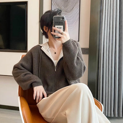 xakxx xakxx-Fall/winter new air cashmere cardigan women's loose padded knit hoodie contrast zipper sweater coat