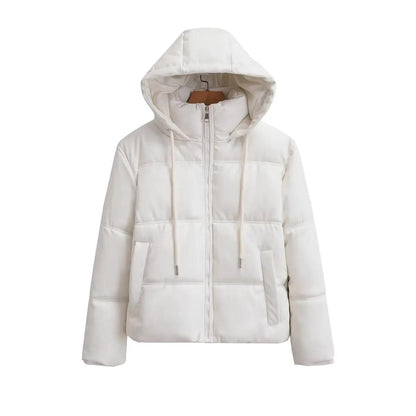 xakxx - Autumn New Solid Color Versatile Warm Hooded Zipper Closure Elastic Band Adjustable Hem Short Padded Jacket Coat Women