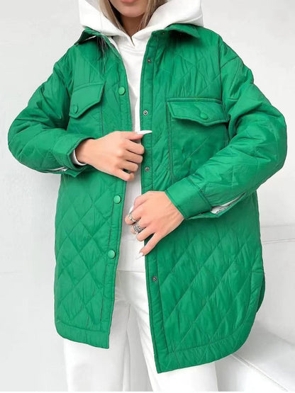 xakxx Women's Winter Jacket New Super Hot Single-breasted Lapel Long Green Loose Warm Plaid Top Casual Streetwear Quilted Coats Female