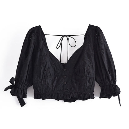 xakxx Summer Tops For Women Blouses Black White Crop Tops Ladies Sexy Puff Sleeve Blouse Women Shirts Ruffle Top
