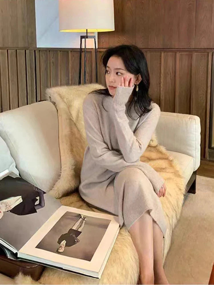 xakxx xakxx-Simple round neck pure cashmere knit dress women's knee-high autumn and winter new coat with long sweater skirt.