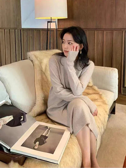 xakxx xakxx-Simple round neck pure cashmere knit dress women's knee-high autumn and winter new coat with long sweater skirt.