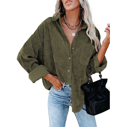 xakxx  Autumn Fashion Vintage Corduroy Blouse Jacket Strip Shirt Women Cotton Casual Tops Button Pocket Loose Blouse Outwear