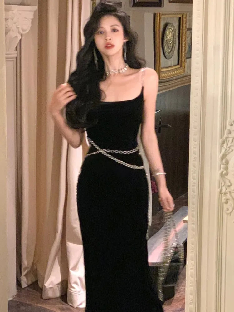 xakxx Sexy Black Women Strap Mermaid Dress  Fashion New Chain Female Elegant Maxi Dresses French Slim Waist  Velvet Vestidos Robe
