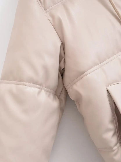 xakxx - Autumn New Solid Color Versatile Warm Hooded Zipper Closure Elastic Band Adjustable Hem Short Padded Jacket Coat Women