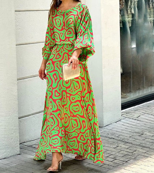 xakxx Women Two Piece Set Crew Neck Print Long Lantern Sleeve Top Elegant Dress High Streetwear Casual Beach Suit