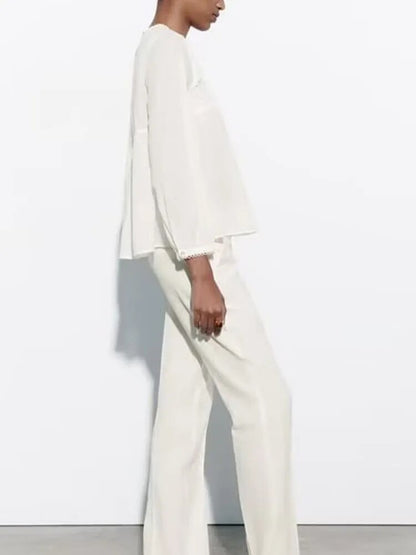 xakxx xakxx - New women's casual all-match round neck lace decoration long-sleeved white slit blouse top 3666122