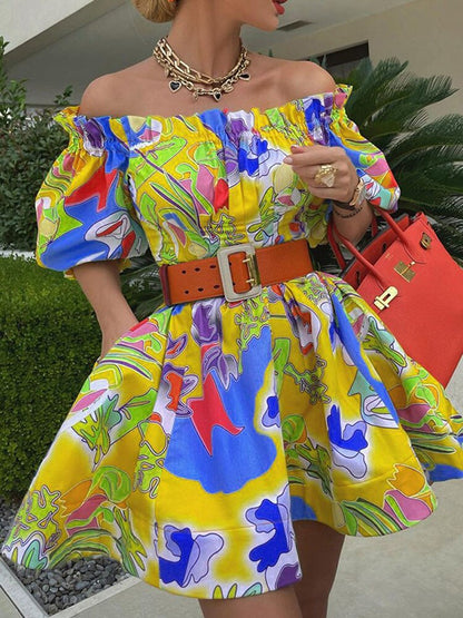 xakxx Women Sexy Off Shoulder Ruffle Belted Tunic Dress Elegant Lantern Sleeve Prom Dresses New Vintage Print Backless Mini Dress