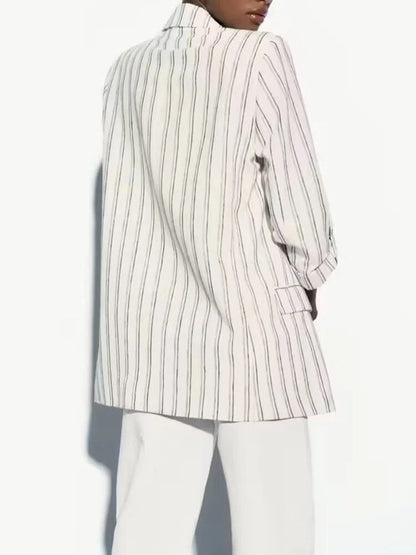 xakxx - New Women's Clothes  Casual Elegant Sexy Temperament Fashion Stripe Rollable Sleeve Casual Suit Jacket