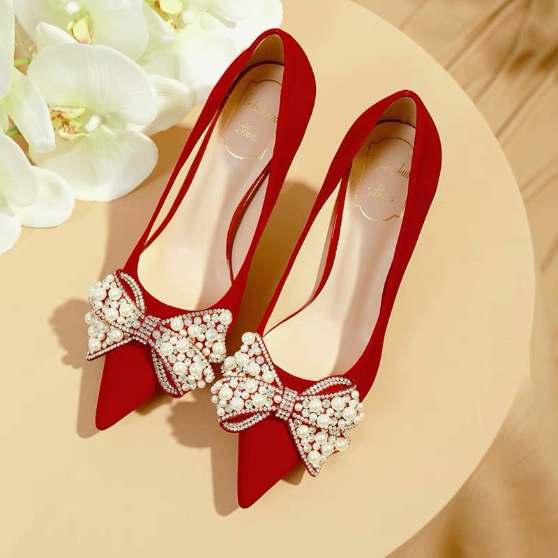 xakxx Sexy Red Velvet Wedding Shoes For Women  Luxury Pearl Bowknot Pointed Toe Pumps Woman Stiletto High Heels Dress Shoes