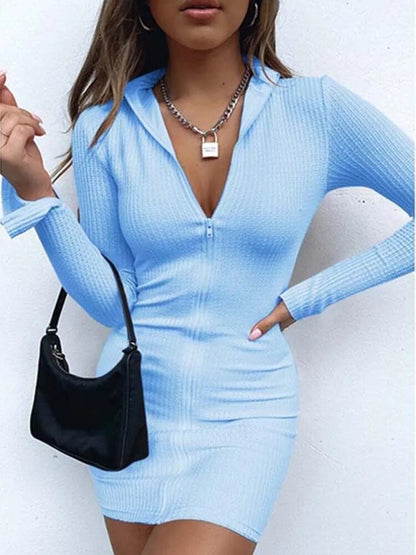 xakxx- Party Nightclub Buttocks Short Dresses Women Sexy v Neck Zipper Lapel Slim Dress Summer Black Bodycon Mini Dress 5XL