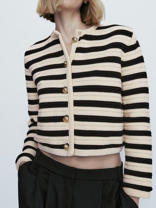 xakxx Women Single Breasted Striped Cardigan Jacket O-Neck Long Sleeve Casual Slim Short Knitted Coat for Ladies  Spring