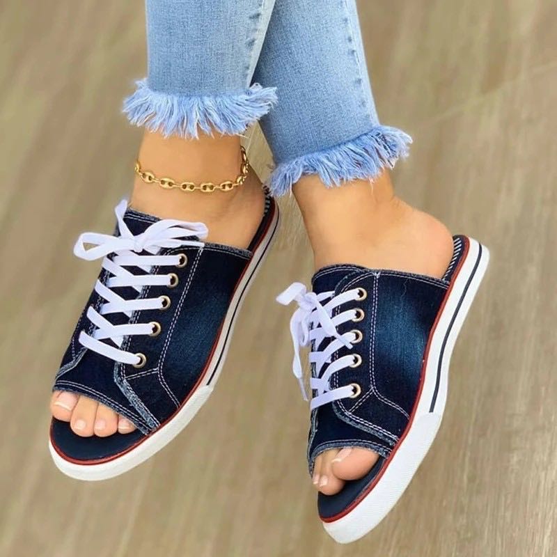 xakxx Women Canvas Flat Slipper Woman Lace Up Ladies Peep Toe New Women's Casual Female Fashion Denim Beach Shoes Plus Size 35-43