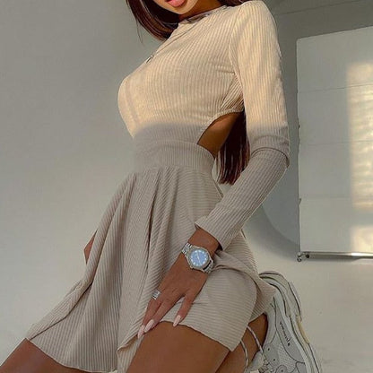 xakxx Spring Long Sleeve Solid Dress Girl A-line Pleated Skirt Prom Party Dance Clothes French Hollow Backless Dress for Women