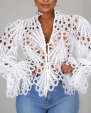 xakxx Women White Lace V Neck Hollow Out T-Shirts Long Sleeve Blouse Eyelet Embroidery Button Front Bell Sleeve Tops