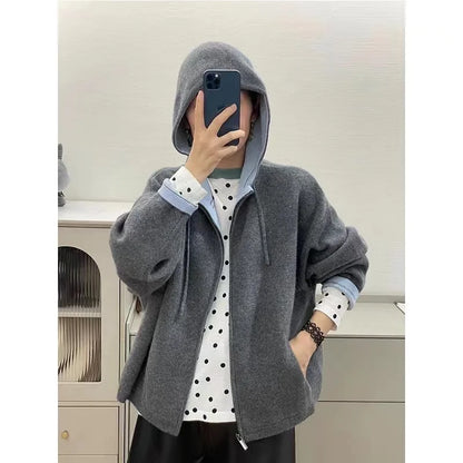xakxx xakxx-Fall/winter new air cashmere cardigan women's loose padded knit hoodie contrast zipper sweater coat