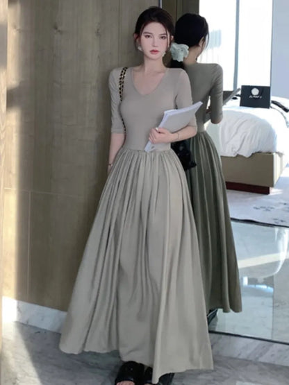 xakxx  Vintage Long Sleeve Midi Dress Fashion New Patchwork A-line Casual Female Clothes Vintage V-neck Slim Waist One Pieces Robe