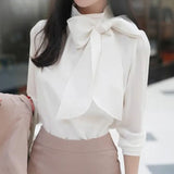 xakxx xakxx Black Friday Korean Women's Chiffon Blouses  Autumn New Fashion Bow Long Sleeve Shirt Black White Elegant Streetwear Woman Tops