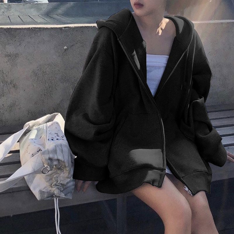 xakxx Korean Style Oversize Gray Hoodies Women Streetwear Loose Hooded Sweatshirt Female Casual Black Long Sleeve Tops Jacket