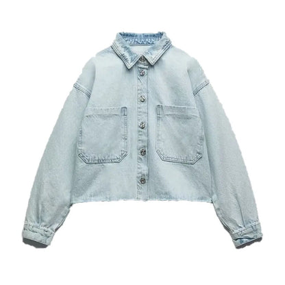 xakxx- New Women's Clothes Temperament Fashionable Casual Front Metal Button Closure Cropped Denim Jacket Outerwear